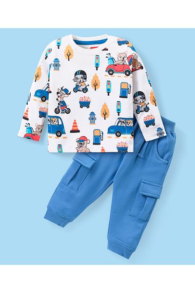 Babyhug Babyhug Cotton Knit Full Sleeves Animals & Cars Printed T-Shirt & Jogger Pants Set - White & Blue