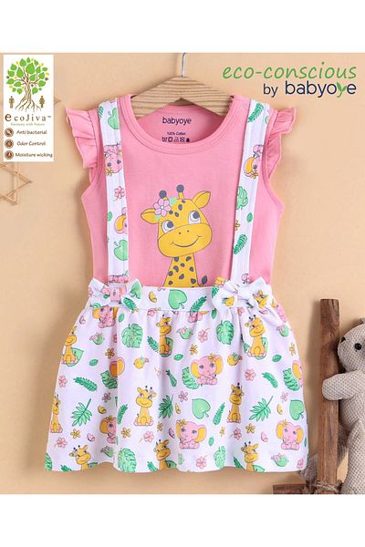 Babyoye Short Sleeves Zebra Print Top & Printed Skirt With Suspenders - Pink