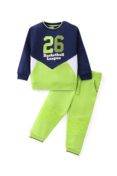 Babyhug Babyhug 100% Cotton Full Sleeves T-Shirt & Lounge Pants With Text Print - Green & Navy Blue
