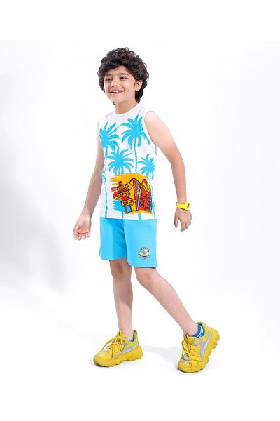 Ollington St. Ollington St. 100% Cotton Knit Sleeveless T-Shirt & Shorts Set with Palm Tree Print ??White & Blue
