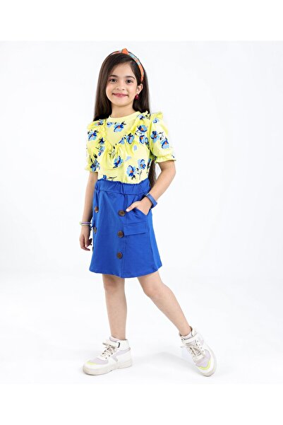 Ollington St. Ollington St. 100% Cotton Sinker Knit Half Sleeves Top & Skirt Set Floral Print - Yellow & Blue