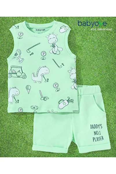 Babyoye Eco-Conscious 100% Cotton Eco Jiva Finish Sleeveless T Shirt and Shorts Set Dino Print-Green