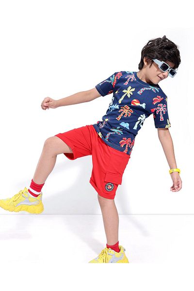Ollington St. Ollington St. 100% Cotton Knit Half Sleeves T-Shirt & Shorts Set Tropical Theme ??Navy Blue & Red