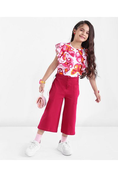 Ollington St. Ollington St. 100% Cotton Knit Frill Sleeves Top & Culottes Butterfly Print - White & Purple
