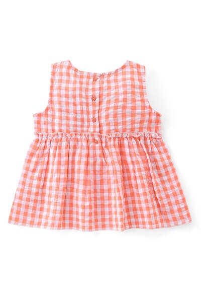 Babyhug Babyhug 100% Cotton Woven Sleeveless Checked Top & Shorts Set with Bow Applique - Orange