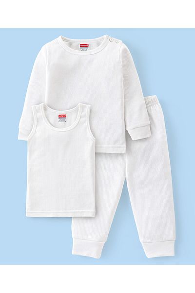 Babyhug Cotton Full Sleeve Solid Color Vest Pullover & Bottom Thermal Wear Combo Pack Of 3-Off White