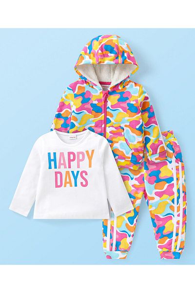 Babyhug Terry Knit Full Sleeve Hooded Sweat jacket & Joggers Set T-Shirt Camo & -Multicolor