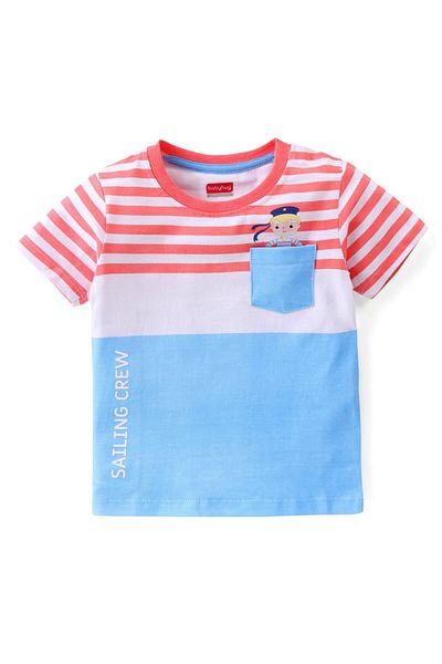 Babyhug Babyhug Half Sleeves Cotton Knit Striped Tee and Denim Shorts Set Sailor Print - Blue