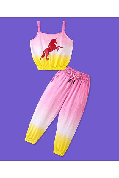 Ollington St. Ollington St. 100% Cotton Ombre Co-ord Set of Sleeveless Top Unicorn Glitter & Joggers-Multicolor