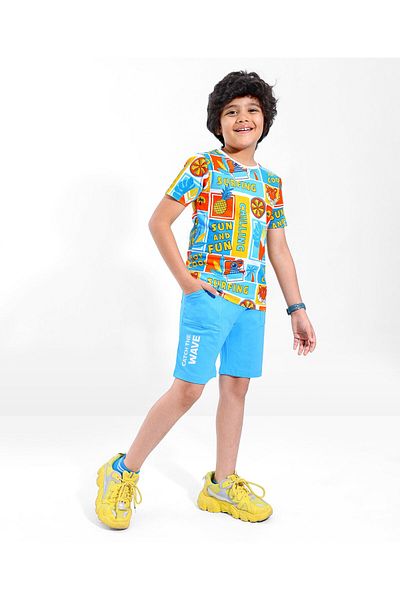Ollington St. Ollington St. 100% Cotton Knit Half Sleeves T-Shirt & Shorts Set with Beach Theme Print - Blue