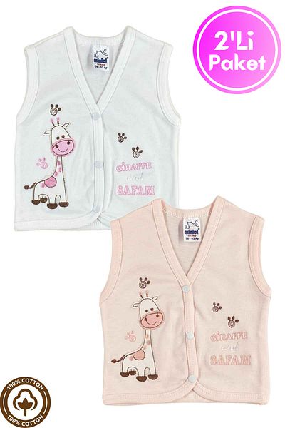 Miniel Baby Girl Giraffe Embroidered Organic Cotton 3-6-9 Months 2-Piece Combed Baby Vest - Salmon