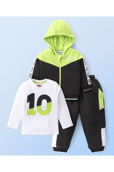 Babyhug Color Block Hoodie with T-Shirt and Lounge Pants - Lime and Black