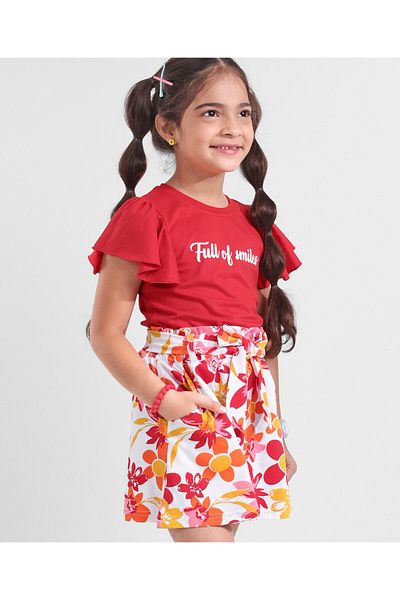 Ollington St. Ollington St. 100% Cotton Half Sleeves Top & Skirt With Floral Print - Red & White