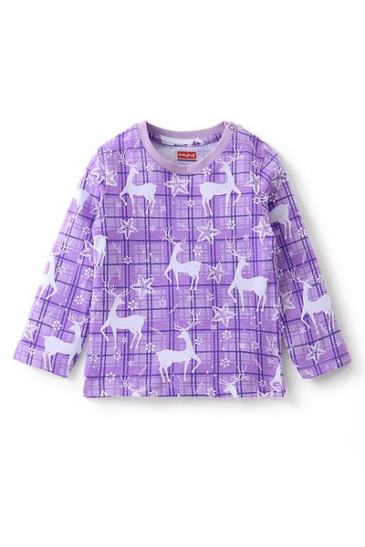 Babyhug Babyhug Cotton Knit Full Sleeves Deer Printed Night Suit - Purple