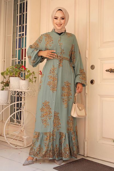 Neva Style Green Patterned Hijab Dress - 19481CY
