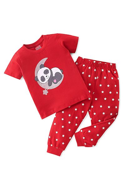 Babyhug Babyhug Cotton Knit Half Sleeves Night Suit With Panda & Star Print - Red