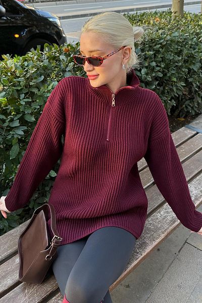 Madmext Pulover de bază cu guler cu fermoar burgundy MG1960