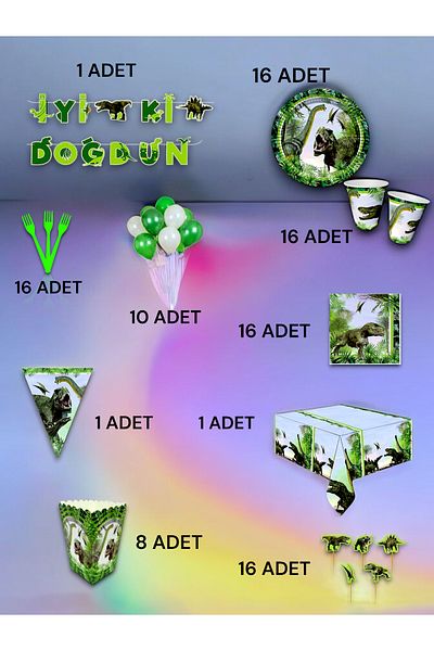VibeHome Ultra-Luxury Set for 16 People with Dinosaur Theme - Birthday Party and Fun Events