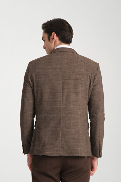 Frappoli Loreo Erkek Kahverengi Poliviskon Kumaş Yarım Astarlı Mono Yaka Slim Fit Spor Blazer Ceket