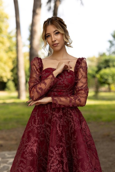 berissima bride Metis Puf Kabartma Simli Tül Kare Yaka Bordo Nişan Elbisesi