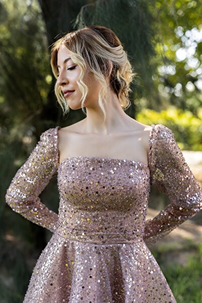 berissima bride Themis Payetli Incili Dantel Midi Boy Rose Nişan & Isteme Elbisesi