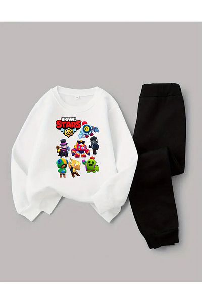 AEMİ Children's Brawl Stars Printed 100% Cotton Bottom-Top Tracksuit Set