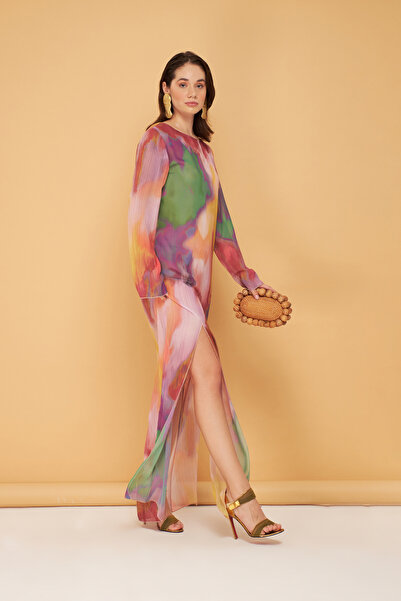 Eda Taşpınar Φόρεμα με μωβ σχέδιο με χαμηλό κούφιο σκίσιμο Teks-00068