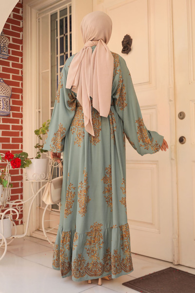 Neva Style Green Patterned Hijab Dress - 19481CY