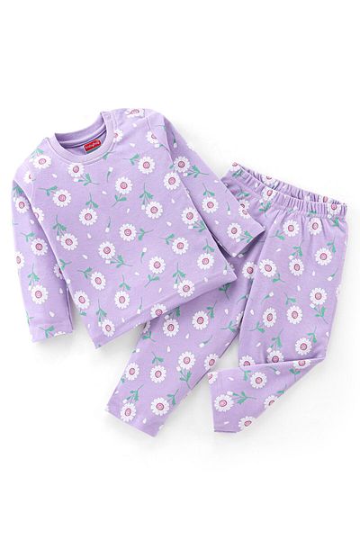 Babyhug Babyhug Cotton Knit Full Sleeves Night Suit With Floral Print - Purple