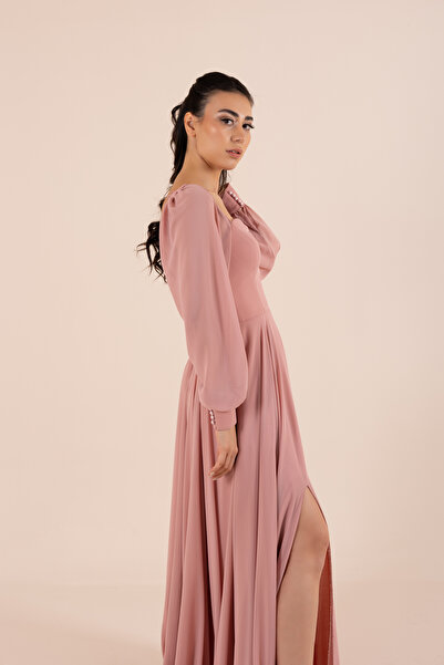 berissima bride Aries Şifon Kalp Yaka Pudra Abiye Elbise
