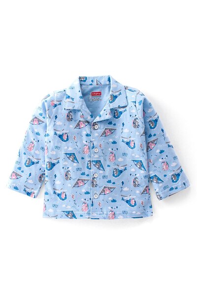Babyhug Babyhug Cotton Knit Full Sleeves Night Suit With Teddy Print - Blue
