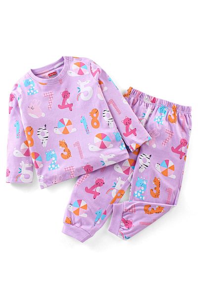 Babyhug Babyhug Cotton Knit Full Sleeves Night Suit With Numbers Print - Purple