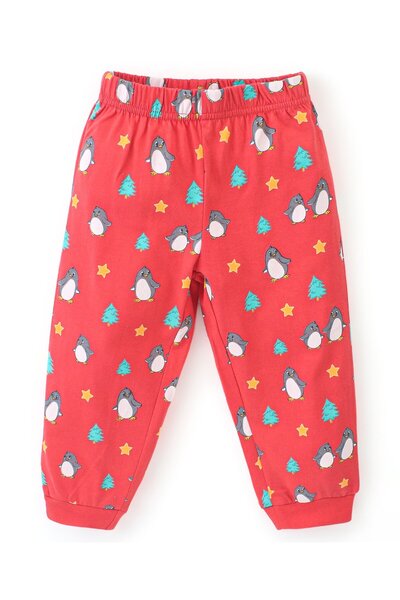Babyhug Cotton Knit Full Sleeves Night Suit With Penguin Print - Red