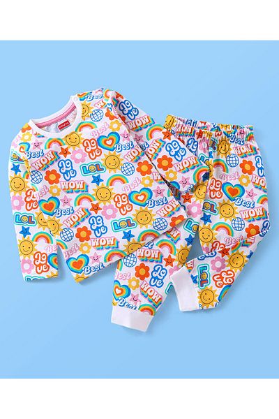 Babyhug بدلة نوم بيبي هاج قطنية محبوكة بأكمام طويلة ومطبوعة بنص - متعددة الألوان