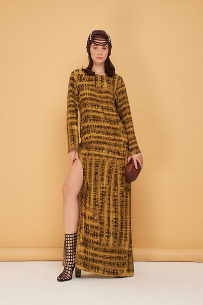 Eda Taşpınar Brown Patterned Backless Slit Dress Teks-00068