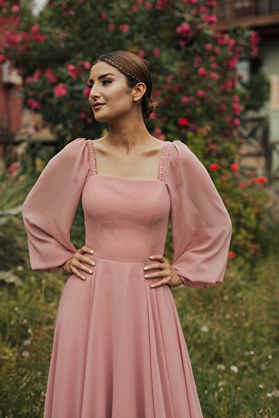 berissima bride Ares Şifon Kare Yaka Pudra Abiye Elbise
