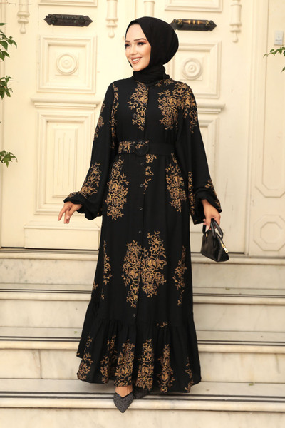 Neva Style Black Patterned Hijab Dress - 19481S