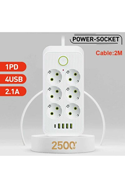 JUNGLEE 6 LI PRİZ 6 Soket 220V 4Usb 5V2.1A 1 Pd 2.1A Şarj Termal Akım Korumal...