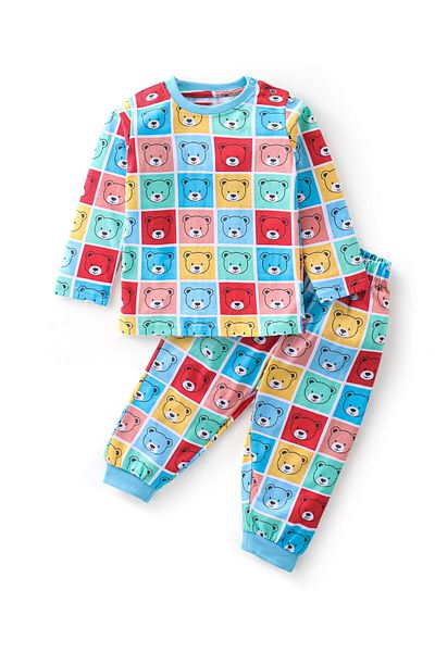 Babyhug بدلة نوم بأكمام كاملة من القطن المحبوك من Babyhug بطبعة دب - متعدد الألوان
