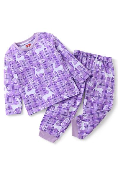 Babyhug Babyhug Cotton Knit Full Sleeves Deer Printed Night Suit - Purple