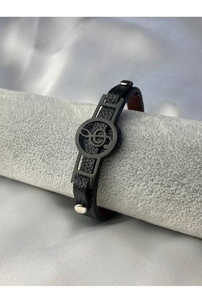 Herşey Nota Men's and Women's Unisex Black Leather Bracelet - Adjustable String with Musical Note Icon