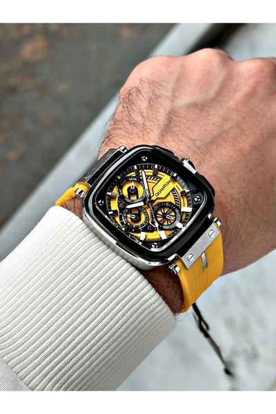 Quantum Fonksiyonlu Sarı Renk 10 Atm Su Geçirmez Silikon Kordon Çelik Kasa Erkek Kol Saati 1014