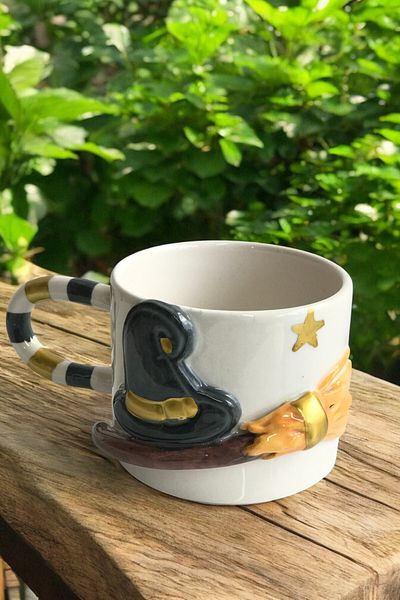 Spica Ceramica Witch Broom, Witch Hat, New Year's Model Handmade Espresso, Turkish Coffee Cup Set, Gift