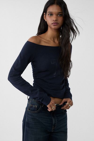 Stradivarius Letter Detailed Wide Collar T-Shirt
