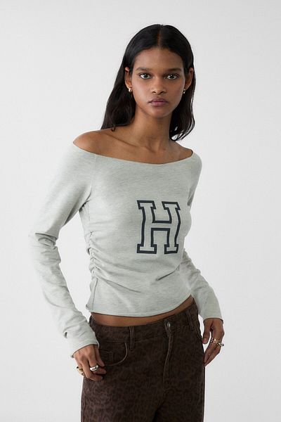 Stradivarius Letter Detailed Wide Collar T-Shirt
