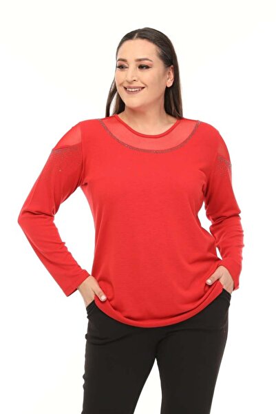 RMG GAMZE MODA BUTİK Yaka ve Omuz Taş Detaylı Büyük Beden Bluz