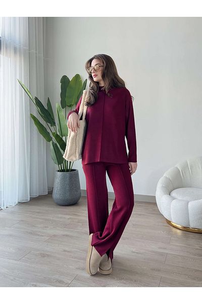Lusin Women's Half Turtleneck Sweater Pants Bottom Top Knitwear Set - Burgundy