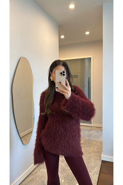 My Blog Pulover cu ciucuri cu blană de pluș bordeaux-00022