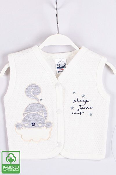 Miniel Unisex Baby Starry Cat Embroidered Organic Cotton 1-3-6-9 Months Quilted Baby Vest - Ecru