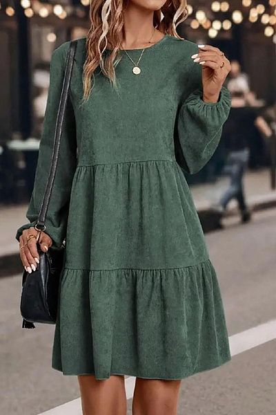 Deafox Grünes Damen-Minikleid aus Wildleder mit langen Ärmeln und elastischen Ärmeln